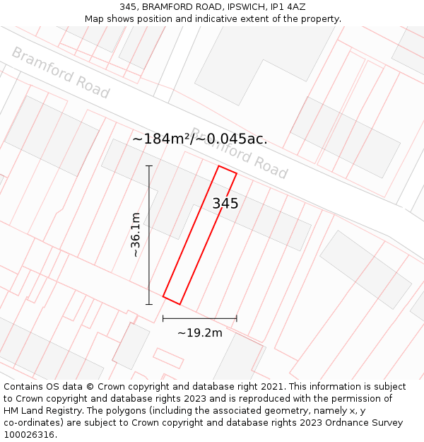 345, BRAMFORD ROAD, IPSWICH, IP1 4AZ: Plot and title map
