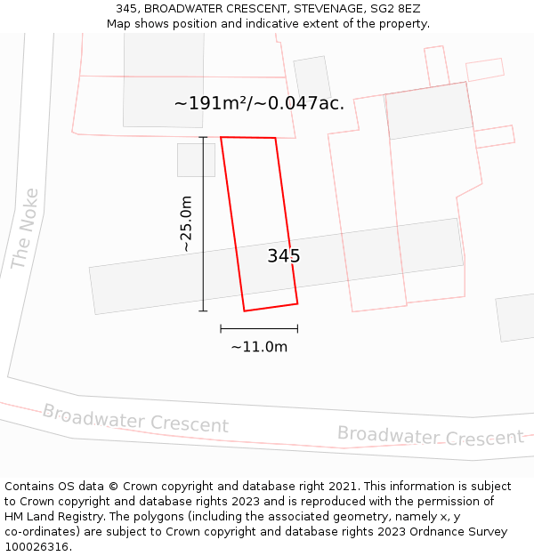 345, BROADWATER CRESCENT, STEVENAGE, SG2 8EZ: Plot and title map