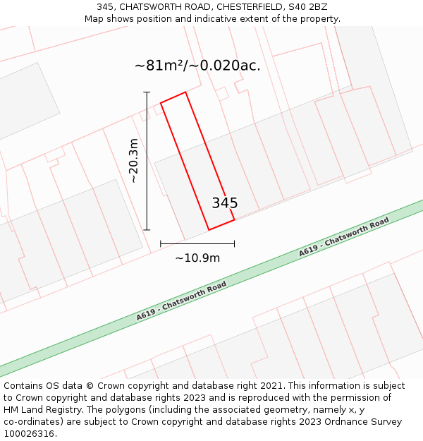 345, CHATSWORTH ROAD, CHESTERFIELD, S40 2BZ: Plot and title map