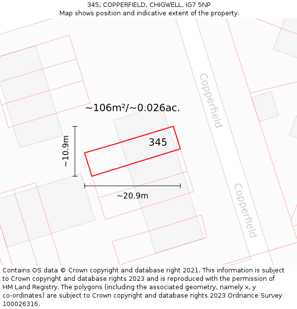 345, COPPERFIELD, CHIGWELL, IG7 5NP: Plot and title map
