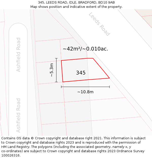 345, LEEDS ROAD, IDLE, BRADFORD, BD10 9AB: Plot and title map