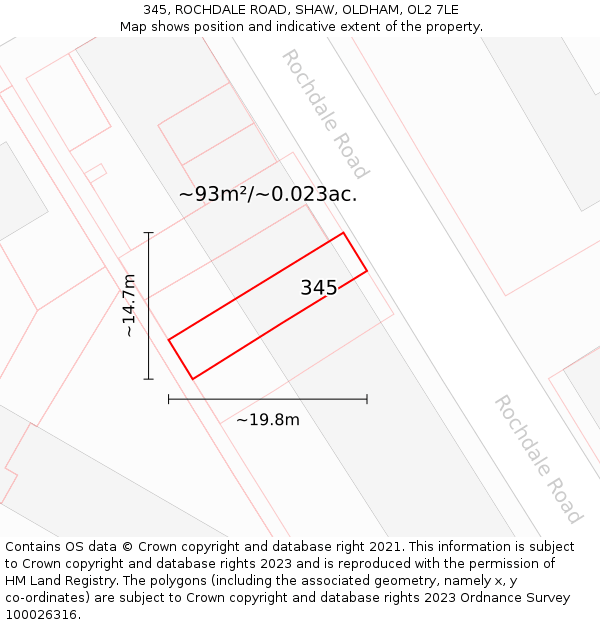 345, ROCHDALE ROAD, SHAW, OLDHAM, OL2 7LE: Plot and title map