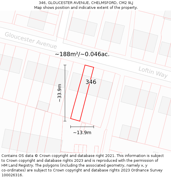 346, GLOUCESTER AVENUE, CHELMSFORD, CM2 9LJ: Plot and title map
