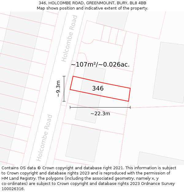 346, HOLCOMBE ROAD, GREENMOUNT, BURY, BL8 4BB: Plot and title map