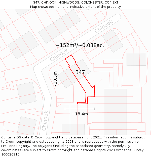 347, CHINOOK, HIGHWOODS, COLCHESTER, CO4 9XT: Plot and title map