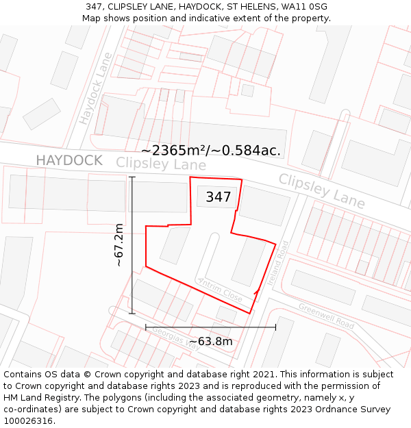 347, CLIPSLEY LANE, HAYDOCK, ST HELENS, WA11 0SG: Plot and title map