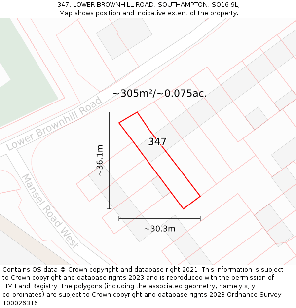 347, LOWER BROWNHILL ROAD, SOUTHAMPTON, SO16 9LJ: Plot and title map