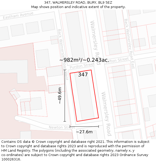 347, WALMERSLEY ROAD, BURY, BL9 5EZ: Plot and title map