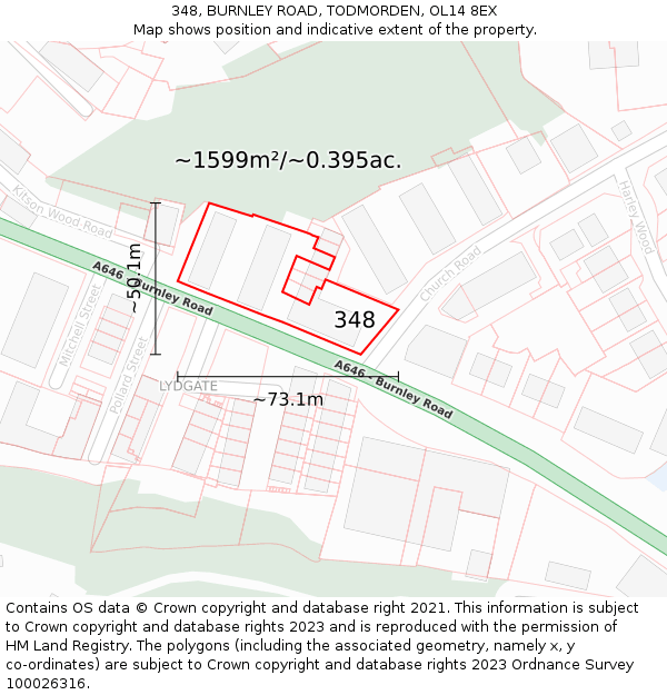 348, BURNLEY ROAD, TODMORDEN, OL14 8EX: Plot and title map