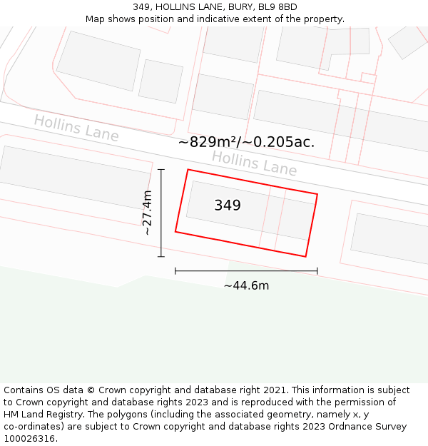 349, HOLLINS LANE, BURY, BL9 8BD: Plot and title map