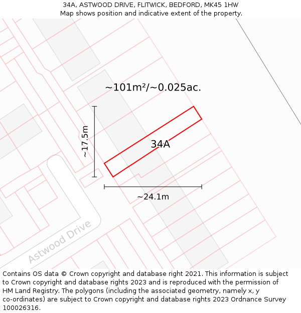 34A, ASTWOOD DRIVE, FLITWICK, BEDFORD, MK45 1HW: Plot and title map