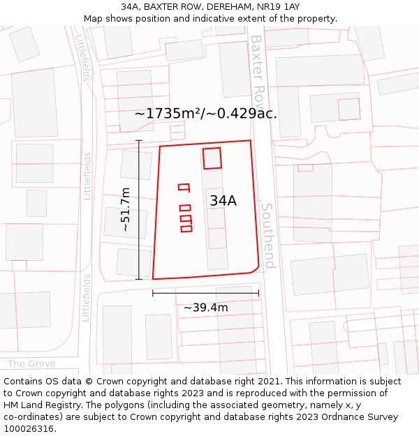34A, BAXTER ROW, DEREHAM, NR19 1AY: Plot and title map