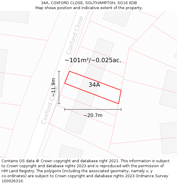 34A, COXFORD CLOSE, SOUTHAMPTON, SO16 6DB: Plot and title map