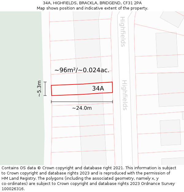 34A, HIGHFIELDS, BRACKLA, BRIDGEND, CF31 2PA: Plot and title map