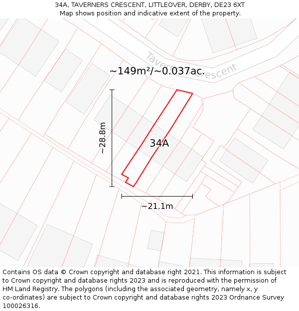 34A, TAVERNERS CRESCENT, LITTLEOVER, DERBY, DE23 6XT: Plot and title map