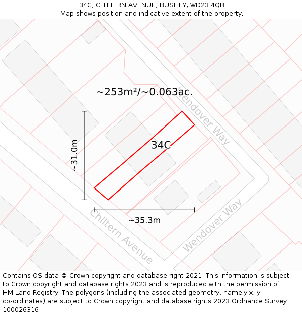 34C, CHILTERN AVENUE, BUSHEY, WD23 4QB: Plot and title map