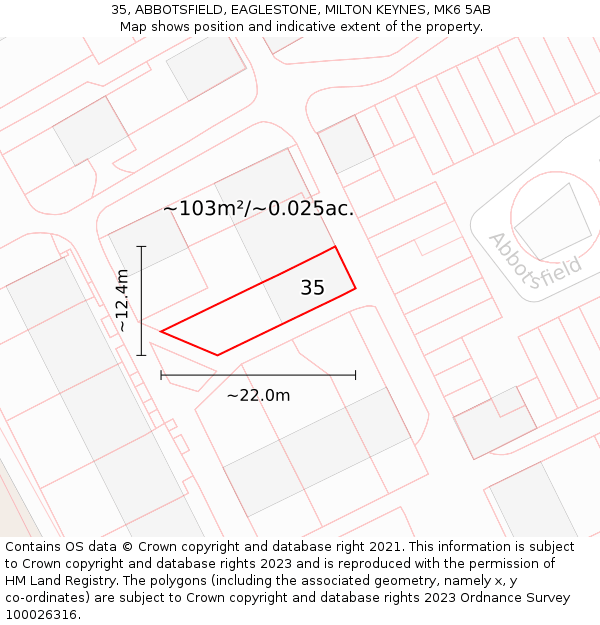 35, ABBOTSFIELD, EAGLESTONE, MILTON KEYNES, MK6 5AB: Plot and title map