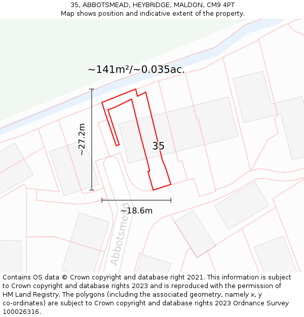 35, ABBOTSMEAD, HEYBRIDGE, MALDON, CM9 4PT: Plot and title map