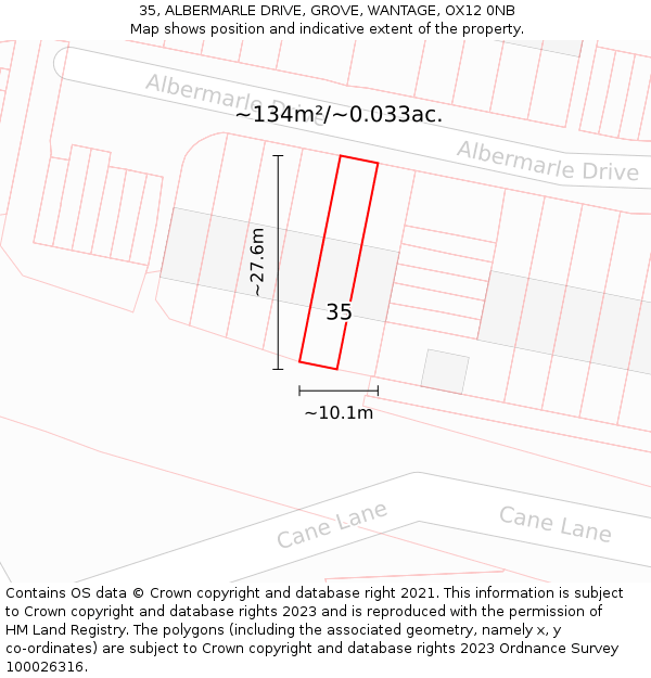 35, ALBERMARLE DRIVE, GROVE, WANTAGE, OX12 0NB: Plot and title map
