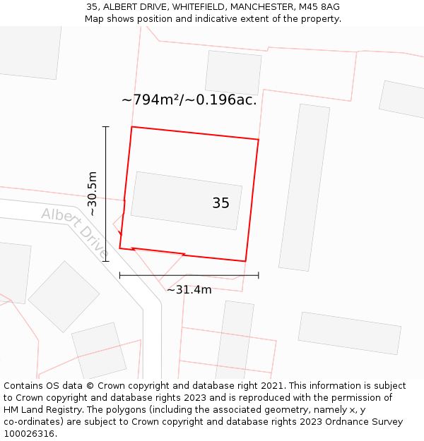 35, ALBERT DRIVE, WHITEFIELD, MANCHESTER, M45 8AG: Plot and title map