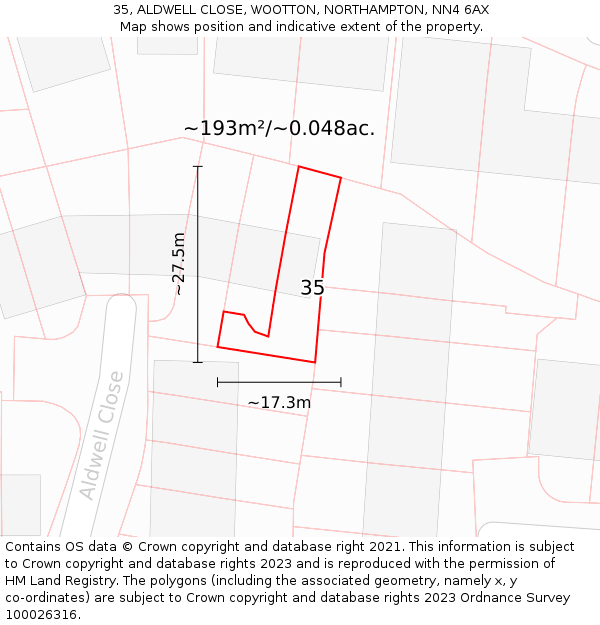 35, ALDWELL CLOSE, WOOTTON, NORTHAMPTON, NN4 6AX: Plot and title map
