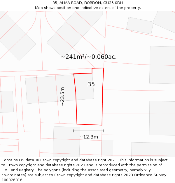 35, ALMA ROAD, BORDON, GU35 0DH: Plot and title map