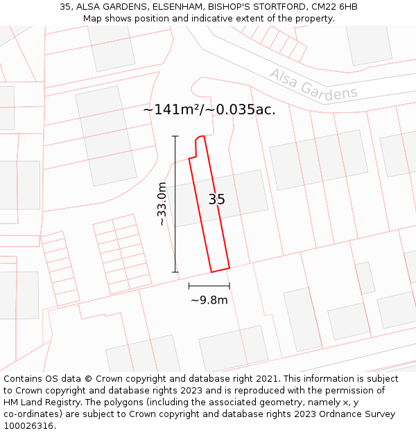 35, ALSA GARDENS, ELSENHAM, BISHOP'S STORTFORD, CM22 6HB: Plot and title map
