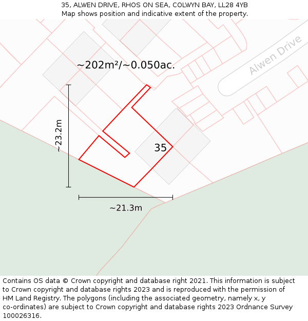 35, ALWEN DRIVE, RHOS ON SEA, COLWYN BAY, LL28 4YB: Plot and title map