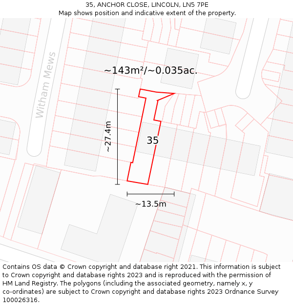 35, ANCHOR CLOSE, LINCOLN, LN5 7PE: Plot and title map