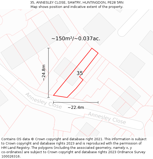 35, ANNESLEY CLOSE, SAWTRY, HUNTINGDON, PE28 5RN: Plot and title map