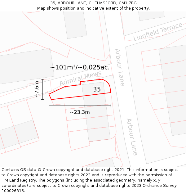 35, ARBOUR LANE, CHELMSFORD, CM1 7RG: Plot and title map