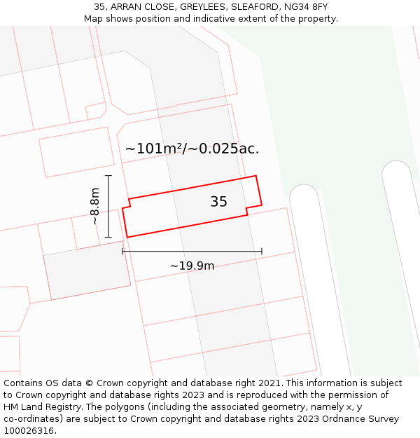 35, ARRAN CLOSE, GREYLEES, SLEAFORD, NG34 8FY: Plot and title map
