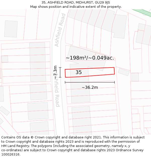 35, ASHFIELD ROAD, MIDHURST, GU29 9JS: Plot and title map