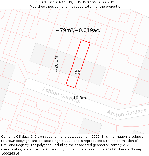 35, ASHTON GARDENS, HUNTINGDON, PE29 7HG: Plot and title map
