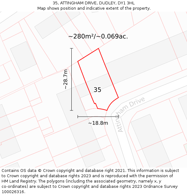35, ATTINGHAM DRIVE, DUDLEY, DY1 3HL: Plot and title map