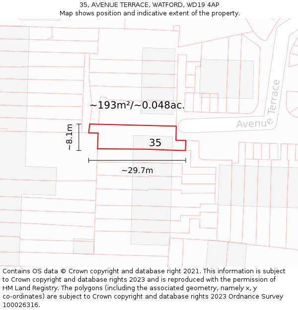 35, AVENUE TERRACE, WATFORD, WD19 4AP: Plot and title map