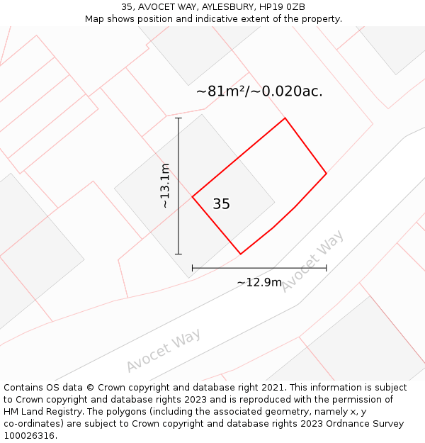 35, AVOCET WAY, AYLESBURY, HP19 0ZB: Plot and title map