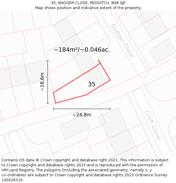 35, BADGER CLOSE, REDDITCH, B98 0JE: Plot and title map