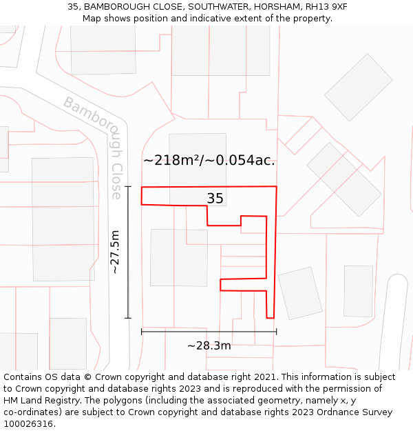 35, BAMBOROUGH CLOSE, SOUTHWATER, HORSHAM, RH13 9XF: Plot and title map