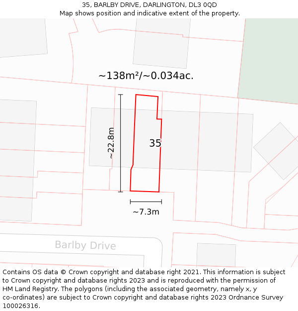 35, BARLBY DRIVE, DARLINGTON, DL3 0QD: Plot and title map
