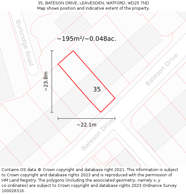 35, BATESON DRIVE, LEAVESDEN, WATFORD, WD25 7ND: Plot and title map
