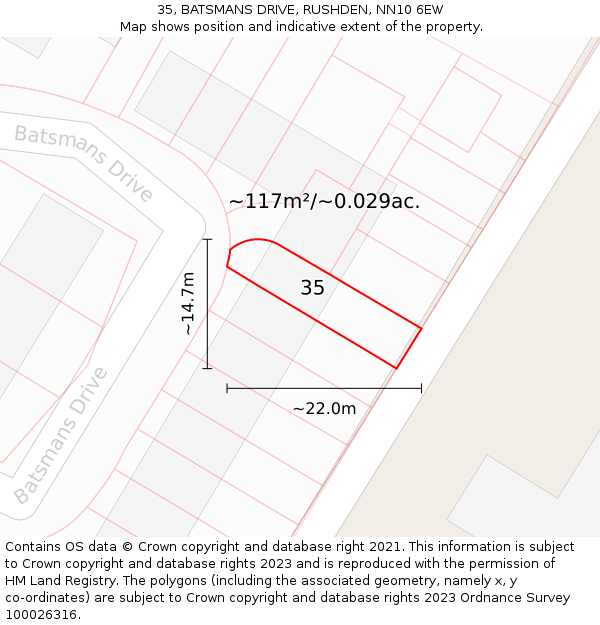 35, BATSMANS DRIVE, RUSHDEN, NN10 6EW: Plot and title map