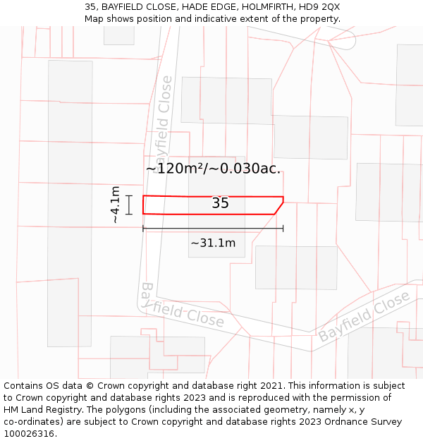 35, BAYFIELD CLOSE, HADE EDGE, HOLMFIRTH, HD9 2QX: Plot and title map
