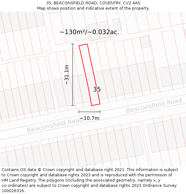 35, BEACONSFIELD ROAD, COVENTRY, CV2 4AS: Plot and title map