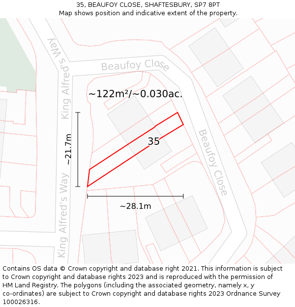 35, BEAUFOY CLOSE, SHAFTESBURY, SP7 8PT: Plot and title map