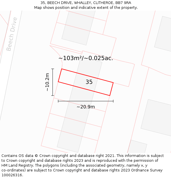 35, BEECH DRIVE, WHALLEY, CLITHEROE, BB7 9RA: Plot and title map