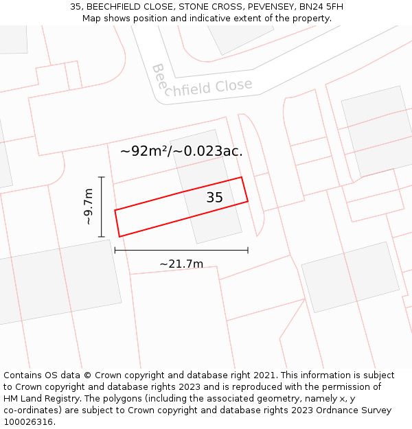 35, BEECHFIELD CLOSE, STONE CROSS, PEVENSEY, BN24 5FH: Plot and title map