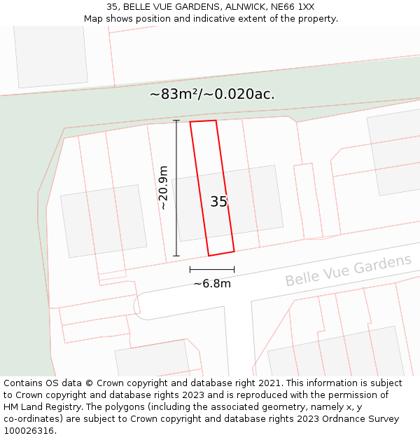 35, BELLE VUE GARDENS, ALNWICK, NE66 1XX: Plot and title map