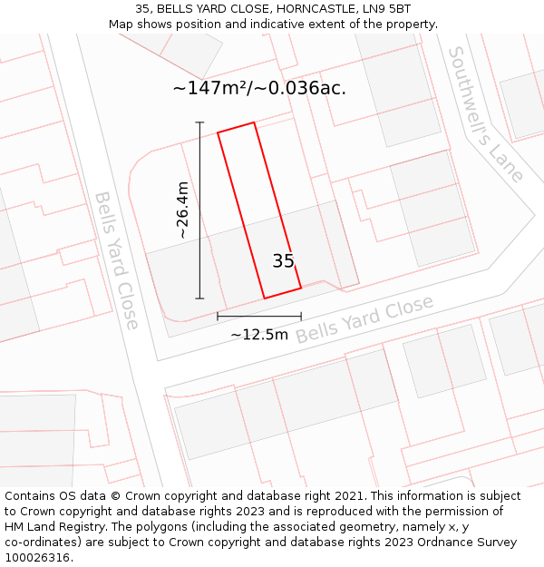 35, BELLS YARD CLOSE, HORNCASTLE, LN9 5BT: Plot and title map