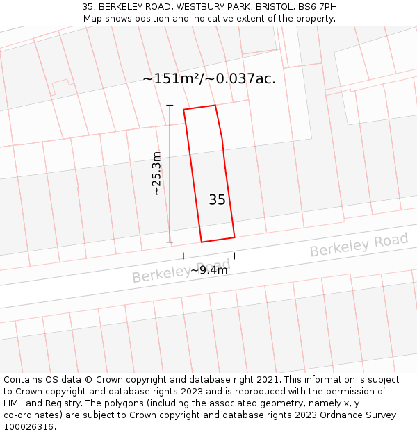35, BERKELEY ROAD, WESTBURY PARK, BRISTOL, BS6 7PH: Plot and title map